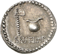 Lot 422: ROMAN REPUBLIC. M. Junius Brutus. Denarius, 42 mint in Asia Minor or Northern Greece, moneyer L. Plaetorius Cestianus. Very rare. Extremely fine. Estimate: 1,500,- euros. Hammer price: 17,000,- euros.