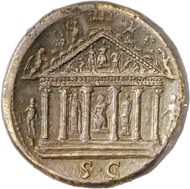 Lot 545: VESPASIAN, 69-79. Sestertius 75, Rome. Rv. Temple of Jupiter Capitolinus. Extremely rare. Good very fine. Estimate: 2,500,- euros. Hammer price: 14,000,- euros.