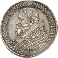Lot 1720: VATICAN. Sixtus V, 1585-1590. Piastra AN IIII / 1588. Very rare. Extremely fine. Estimate: 5,000,- euros. Hammer price: 10,500,- euros.