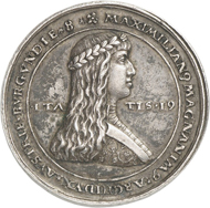 Lot 4628: HRE. Maximilian I, 1490-1519. Silver medal no date (after 1511) of triple schaulguldiner weight on his first wedding to Mary of Burgundy. Extremely rare. Very fine to extremely fine. Estimate: 3,000,- euros. Hammer price: 22,000,- euros.