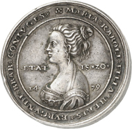 Lot 4628: HRE. Maximilian I, 1490-1519. Silver medal no date (after 1511) of triple schaulguldiner weight on his first wedding to Mary of Burgundy. Extremely rare. Very fine to extremely fine. Estimate: 3,000,- euros. Hammer price: 22,000,- euros.