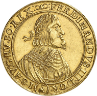 Lot 5483: HRE. Ferdinand III, 1625-1637. 10 ducats 1645, Vienna. Very rare. Almost extremely fine. Estimate: 25,000,- euros. Hammer price: 46,000,- euros.