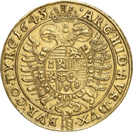 Lot 5483: HRE. Ferdinand III, 1625-1637. 10 ducats 1645, Vienna. Very rare. Almost extremely fine. Estimate: 25,000,- euros. Hammer price: 46,000,- euros.