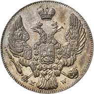 Lot 6256: RUSSIA. For POLAND. Nicholas I, 1825-1855. Pattern for 10 kopecks / 20 groszy 1842, Warsaw. Very rare. Proof. Estimate: 5,000,- euros. Hammer price: 20,000,- euros.