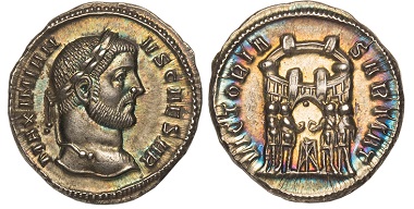 103593: Galerius. (Caesar, 293-305 AD). Struck 295 AD. AR Argenteus, Ticinum. NGC Ch. MS. 3,450 USD.