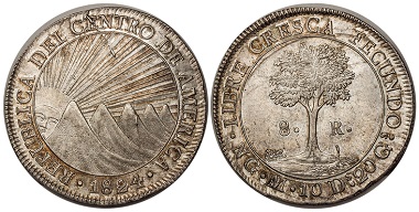 1038550: CENTRAL AMERICAN REPUBLIC. 1824-NG M AR 8 Reales. NGC MS63. 3,950 USD.