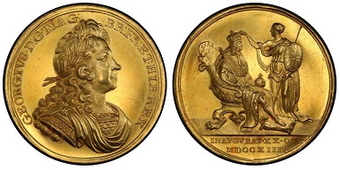 1038779: GREAT BRITAIN. George I. (King, 1714-1727). 1714 AV Coronation Medal. PCGS SP62. 14,500 USD.