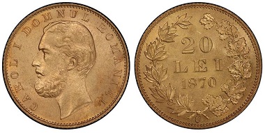 1039072: ROMANIA. Carol I. 1870-C AV 20 Lei. PCGS MS65. 26,500 USD.