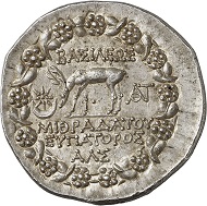 Lot 205: Mithridates VI, 120-63 (Pontus). Tetradrachm, 67/6. Almost extremely fine / FDC. Estimate: 3,000 euros. Hammer price: 7,000 euros.