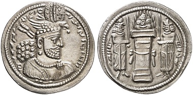 Hormuzd II, 303-309. Drachm. Rv. fire altar with bust. From Künker sale 273 (2016), Nr. 427.