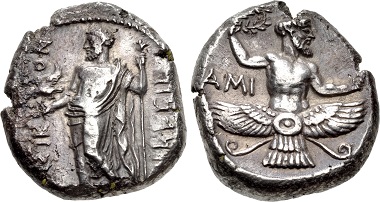 The reverse features Ahura Mazda as we know him from Persian depictions. Yet, the coin was minted in Issus (Cilicia) under the Persian satrap Tiribazus. From CNG sale 97 (2014), 257.