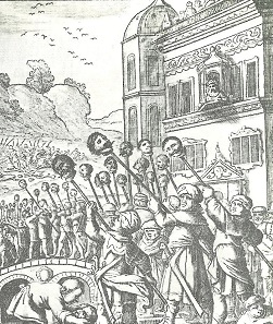 The conquest of Tabriz painted by a European traveller. The heads of Ottoman Turks are spiked on poles, a welcome sight in Europe at the time.