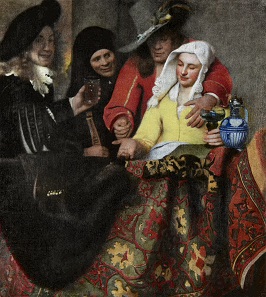 The Procuress, oil on canvas, 1656 by Johannes Vermeer, depicting a precious rug.