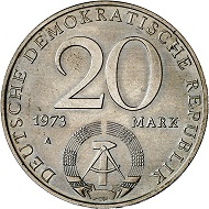 Lot 3373: GDR. 20 marks 1973 A (1979). Motif-PATTERN. One side of J. 1573 ('30 Jahre DDR'), the other side of J. 1548 ('20 Mark Grotewohl'). Extremely rare. Almost mint state. Estimate: 2,500,- euros. Hammer price: 4,200,- euros.