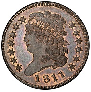 USA. Classic Head Half Cent 1811.Cohen-1, Breen-1. Rarity-4. Mint State-66 RB (PCGS). Realized: 998,750 USD.