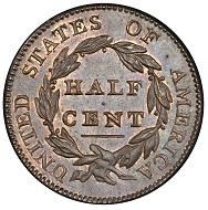 USA. Classic Head Half Cent 1811.Cohen-1, Breen-1. Rarity-4. Mint State-66 RB (PCGS). Realized: 998,750 USD.