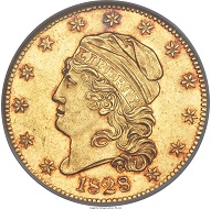 1828/7 Capped Head Left Half Eagle, MS63 NGC.