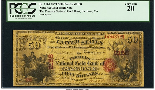 San Jose, CA. $50 Original National Gold Bank Note Fr. 1161 The Farmers National Gold Bank Ch.