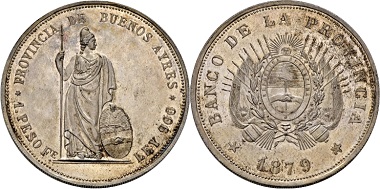 Lot 1014: Argentina. Province of Buenos Aires. Trial-peso 1879. Extremely fine / proof-like. Estimate: 2,000 EUR. Hammer price: 13,500 EUR.