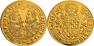 Lot 2069: Germany. Duchy Liegnitz-Brieg. John Christian and Georg Rudolph, 1602-1621. 5 ducats 1619, Reichenstein. Extremely fine. Estimate: 10,000 EUR. Hammer price: 26,000 EUR.
