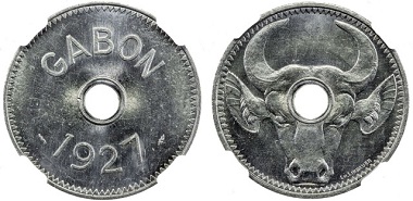 Lot 1298: Gabon. French Territory. Aluminum token, 1927. NGC graded MS63. Estimate: 700-900 USD. Realized: 1,400 USD.