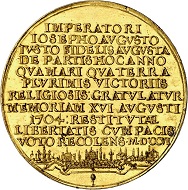 Lot 3482: Augsburg. Gold medal of 8 ducats 1706 by C. J. Leherr on the relief of the cities of Augsburg and Ulm in 1704. Unique. Extremely fine to FDC. Estimate: 40,000 euros.