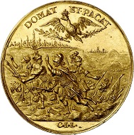 Lot 3482: Augsburg. Gold medal of 8 ducats 1706 by C. J. Leherr on the relief of the cities of Augsburg and Ulm in 1704. Unique. Extremely fine to FDC. Estimate: 40,000 euros.