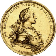 Lot 3494: Bavaria. Maximilian III Joseph, 1745-1777. Gold medal of 50 ducats no date (1759) by F. A. Schega on the Prince-Elector and his wife Maria Anna. Extremely rare. Extremely fine. Estimate: 75,000 euros.