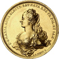 Lot 3494: Bavaria. Maximilian III Joseph, 1745-1777. Gold medal of 50 ducats no date (1759) by F. A. Schega on the Prince-Elector and his wife Maria Anna. Extremely rare. Extremely fine. Estimate: 75,000 euros.
