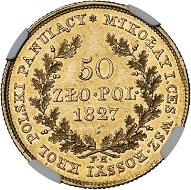 Lot 5178: Russia. Nicholas I, 1825-1855. 50 zlotychs 1827, Warsaw, for Poland. Graded NGC MS 61. Only 299 specimens struck. Good extremely fine. Estimate: 50,000 euros.