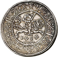 293 / Lot 1524: Holy Roman Empire / Archduke Sigismund ‘Rich in Coins’, 1446-1496. Thick taler from the dies of the 1/2 guldiner, 1484, Hall. From the Terletzki Collection. Extremely rare. Very fine to extremely fine. Estimate: 10,000,- euros. Hammer price: 40,000 euros.