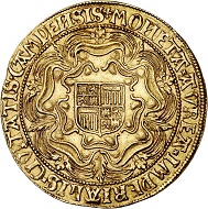 294 / Lot 3164: Netherlands / Campen. Double rosenoble no date (1600). Imitation of the sovereign of English Queen Elizabeth. Very rare. Extremely fine. Estimate: 60,000,- euros. Hammer price: 80,000 euros.