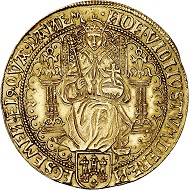 294 / Lot 3164: Netherlands / Campen. Double rosenoble no date (1600). Imitation of the sovereign of English Queen Elizabeth. Very rare. Extremely fine. Estimate: 60,000,- euros. Hammer price: 80,000 euros.