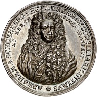 293 / Lot 1214: Saxony. Friedrich August I, 1694-1733. Silver medal 1698 by C. Wermuth on Abraham von Fineberg. From the Horn Collection. Very rare. Extremely fine. Estimate: 400,- euros. Hammer price: 6,000,- euros.