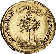 294 / Lot 3725: Palatinate. Johann Wilhelm, 1690-1716. Gold medal no date on the wedding of Karl Philipp with Luise Caroline von Radziwill in 1688. Very rare. Very fine to extremely fine. Estimate: 4,000,- euros. Hammer price: 11,000,- euros.
