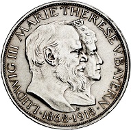 294 / Lot 4266: German Empire. Bavaria. Ludwig III, 1913-1918. 3 marks 1918. On the golden wedding anniversary of the Bavarian royal couple. Very rare. FDC. Estimate: 30,000,- euros. Hammer price: 40,000,- euros.