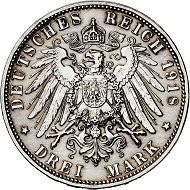 294 / Lot 4266: German Empire. Bavaria. Ludwig III, 1913-1918. 3 marks 1918. On the golden wedding anniversary of the Bavarian royal couple. Very rare. FDC. Estimate: 30,000,- euros. Hammer price: 40,000,- euros.