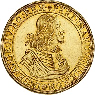 294 / Lot 3410: Ferdinand III, 1625-1637-1657. 10 ducats 1656, Vienna. Extremely rare. Extremely fine to FDC. Estimate: 100,000,- euros. Hammer price: 105,000,- euros.
