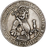 293 / Lot 1527: Maximilian I, 1490-1519. Guldiner no date, Hall. Kaiserguldiner. Very rare. Very fine to extremely fine / Extremely fine. Estimate: 7,500,- euros. Hammer price: 24,000,- euros.