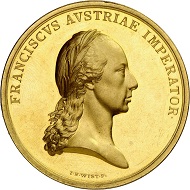 294 / Lot 3434: Francis I, 1804-1835. Gold medal of 24 ducats 1804 by J.N. Wirth on the elevation of Austria to an empire and the adoption of the title of Austrian Emperor. Extremely rare. Almost FDC. Estimate: 25,000,- euros. Hammer price: 36,000,- euros.