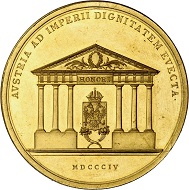 294 / Lot 3434: Francis I, 1804-1835. Gold medal of 24 ducats 1804 by J.N. Wirth on the elevation of Austria to an empire and the adoption of the title of Austrian Emperor. Extremely rare. Almost FDC. Estimate: 25,000,- euros. Hammer price: 36,000,- euros.