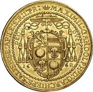 294 / Lot 3472: Salzburg. Max Gandolph von Küenburg, 1668-1687. 10 ducats 1668 on his accession to power. Very rare. Very fine+. Estimate: 10,000,- euros. Hammer price: 24,000,- euros.