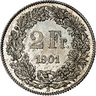 293 / Lot 2265: Switzerland. Confederacy. 2 francs 1901, Bern. Very rare. Almost FDC. Estimate: 4,000,- euros. Hammer price: 14,000,- euros.