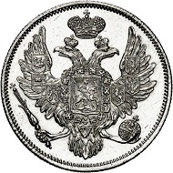 294 / Lot 5130: Russia. Nicholas I, 1825-1855. Platinum 6 roubles 1834, St. Petersburg. Only 11 specimens struck. Proof. Estimate: 25,000,- euros. Hammer price: 42,000,- euros.