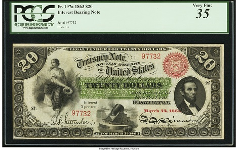 United States. Fr. 197a $20 1863 Interest Bearing Note PCGS Very Fine 35. Realized: 64,625 USD.
