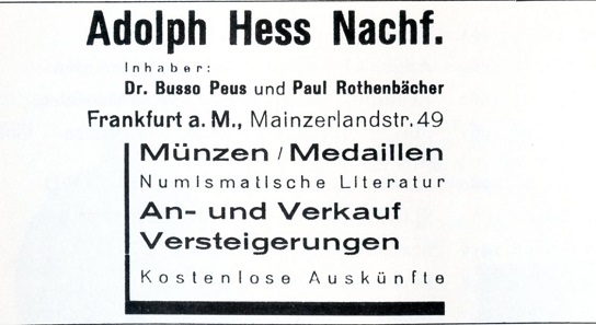Advertisement of Adolph Hess Nachf. under Dr. Busso Peus and Paul Rothenbächer.