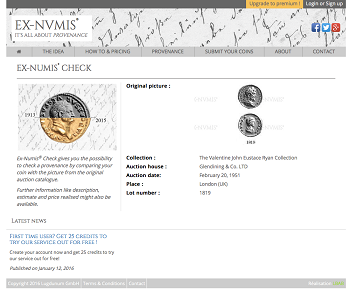 Links direct each user immediately from the provenances to the Ex-Numis archive. Additional details like description, estimate, price realized and inflation-adjusted hammer price will be available soon.