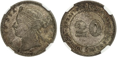 Lot 703: Straits Settlements. Victoria, 1837-1901. Silver 20 cents, 1873. NGC MS64. Realized: 10,000 USD.