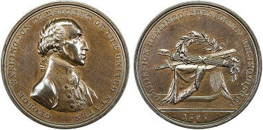 Lot 1200: United States: 1797 medal (66.65g), Baker-70C, 54mm bronze medal for George Washington’s Retirement from his Commission and the Presidency by Thomas Halliday. Realized: 3,250 USD.