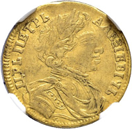 Lot 1016: Czar Peter I. Ducat 1712, Red Mint. Extremely rare. NGC XF 45. Estimate: 20’000 CHF.